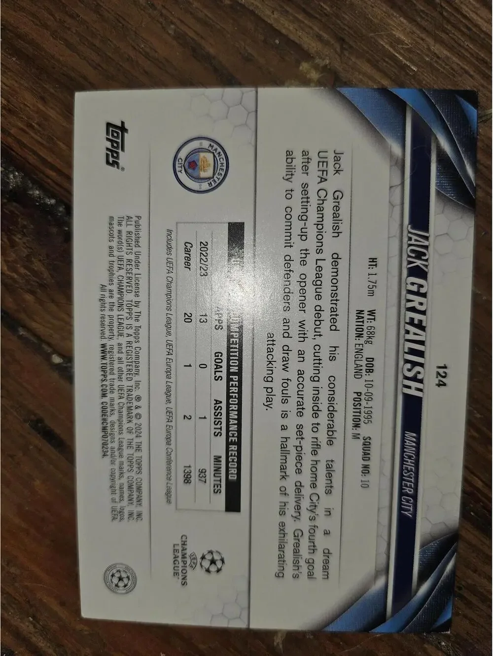 2023-24 Topps UEFA Club Competitions Jack Grealish #124 Manchester City Card